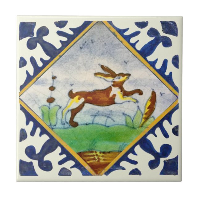 Bunny Rabbit 1650s Delft Polychrome Repro Tile (Front)