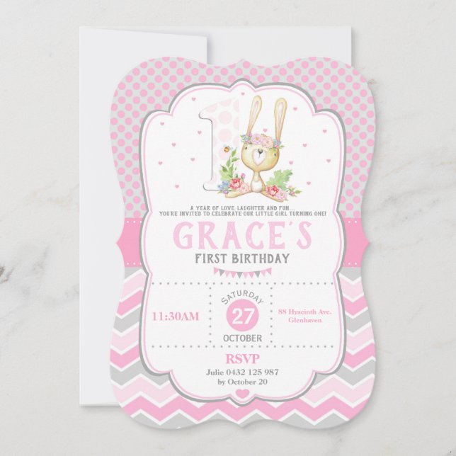 Bunny Rabbit 1st Birthday Invitation Pink Girl (Front)