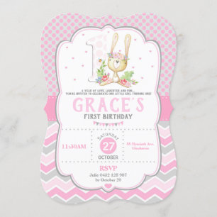 Bunny Rabbit 1st Birthday Invitation Pink Girl