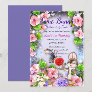 Bunny Rabbit And Butterfly 1st Birthday Invitation