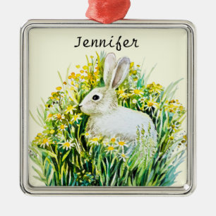 Bunny rabbit and yellow flowers metal tree decoration