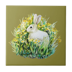 Bunny rabbit and yellow flowers tile