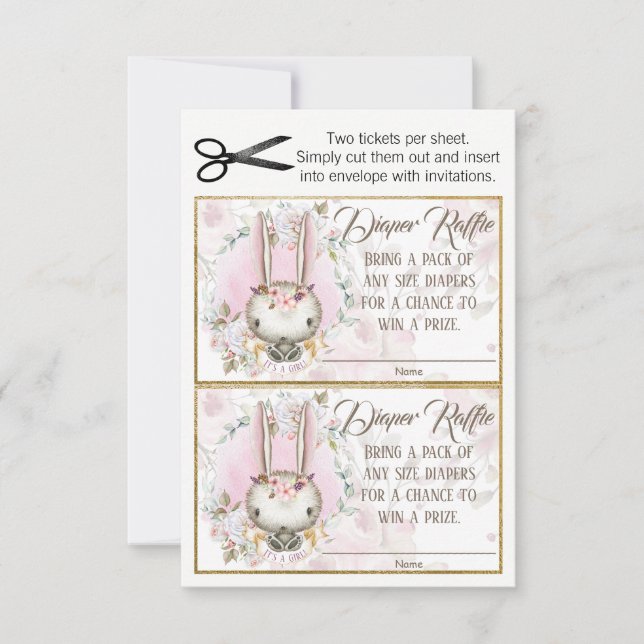 Bunny Rabbit Baby Girl Diaper Raffle Tickets Invitation (Front)