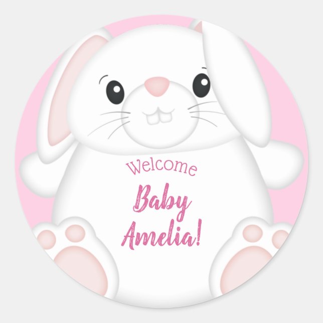 Bunny Rabbit Baby Shower Pink Classic Round Sticker (Front)