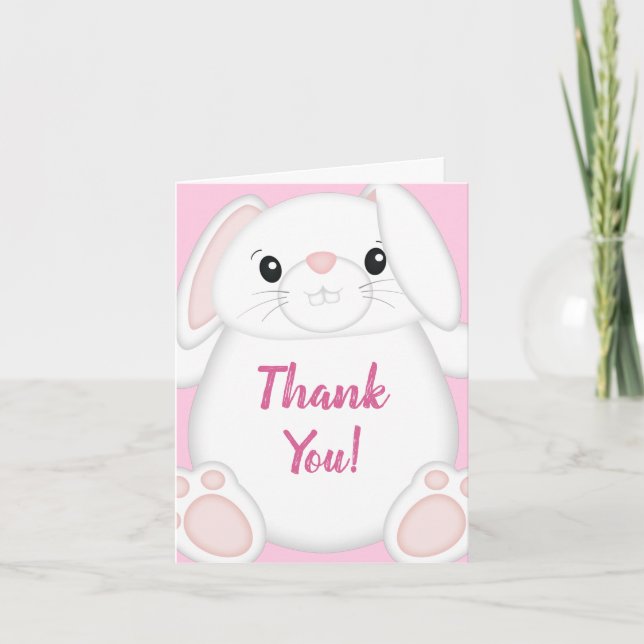 Bunny Rabbit Baby Shower Pink Thank You Card (Front)
