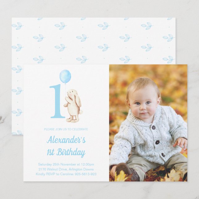 Bunny Rabbit & Balloon Blue 1st Birthday Photo Invitation (Front/Back)