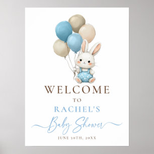 Bunny Rabbit Balloon Blue Baby Boy Shower Welcome Poster