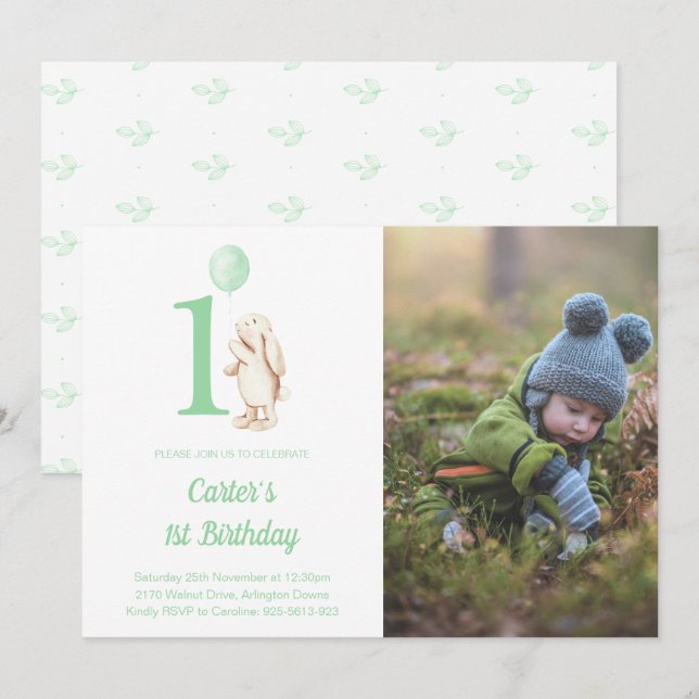 Bunny Rabbit & Balloon Green 1st Birthday Photo Invitation (Front/Back)