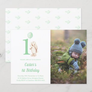 Bunny Rabbit & Balloon Green 1st Birthday Photo Invitation