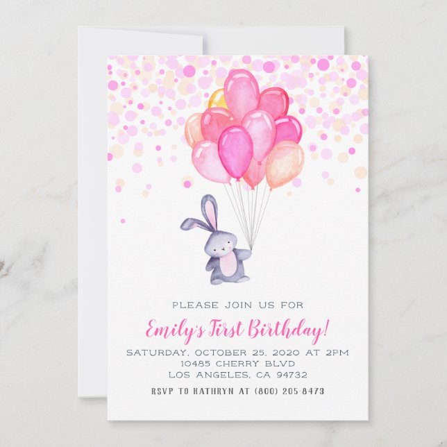 Bunny Rabbit Balloons Birthday Invitation (Front)