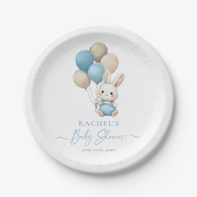 Bunny Rabbit Balloons Blue Baby Boy Shower Paper Plate (Front)