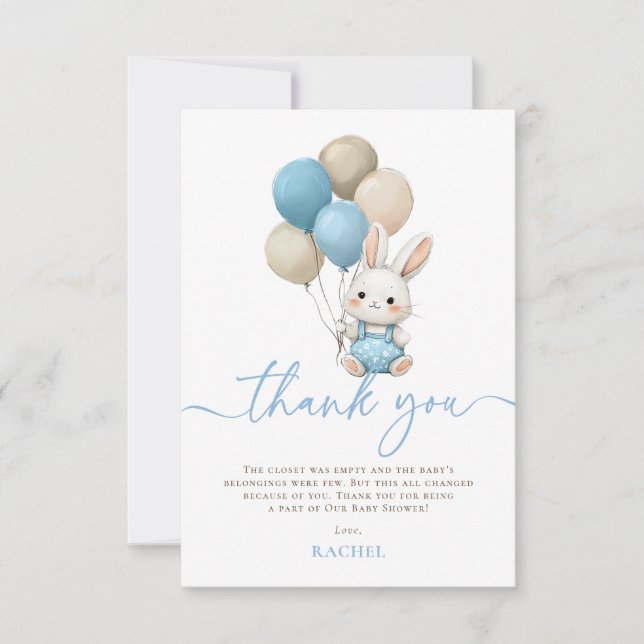 Bunny Rabbit Balloons Blue Boy Baby Shower Thank You Card (Front)