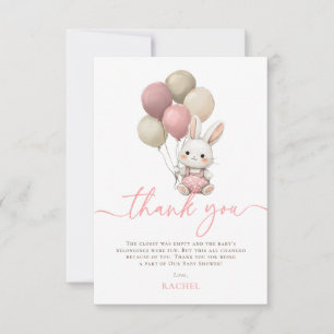 Bunny Rabbit Balloons Pink Girl Baby Shower Thank You Card