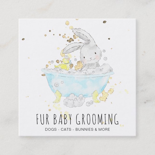 *~* Bunny Rabbit Bath Tub Daycare Teacher Grooming Square Business Card (Front)