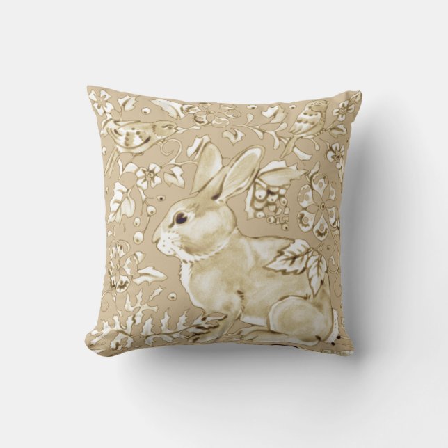 Bunny Rabbit Bird Beige Tan, Ivory Floral Elegant Cushion (Front)