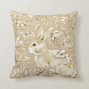 Bunny Rabbit Bird Beige Tan, Ivory Floral Elegant Cushion