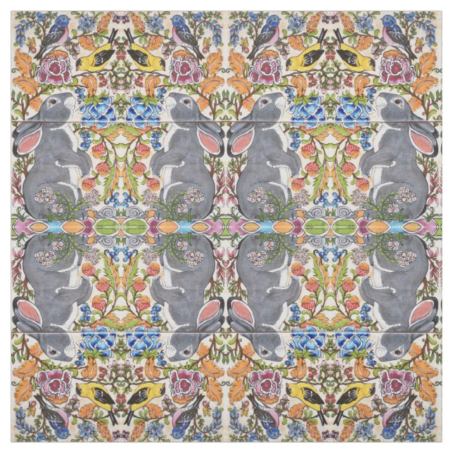 Bunny Rabbit, Birds Flowers Tiled Designer Fabric (Swatch)