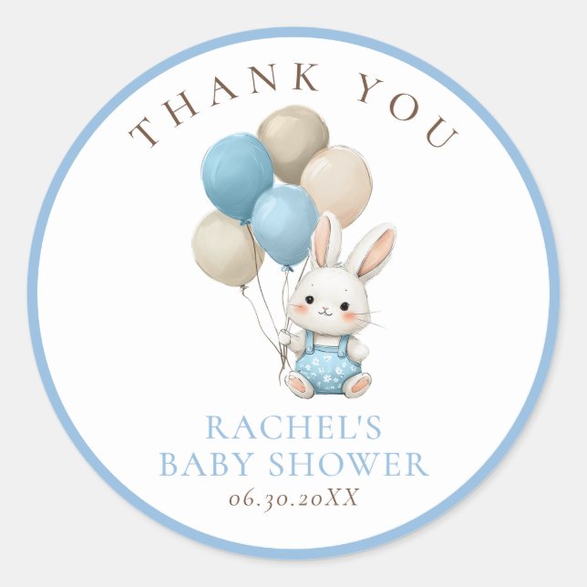 Bunny Rabbit Blue Balloons | Baby Boy Shower Classic Round Sticker (Front)