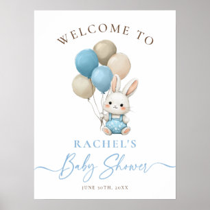 Bunny Rabbit Blue Balloons Boy Baby Shower Welcome Poster