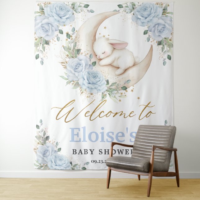 Bunny Rabbit Blue Floral Moon Baby Shower Welcome  Tapestry (In Situ)