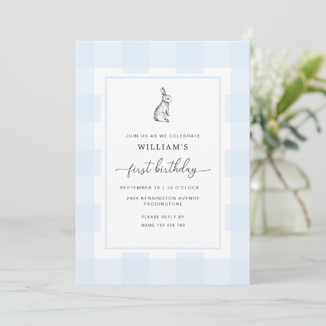 Bunny Rabbit Blue Gingham 1st Birthday Invitation (Standing Front)