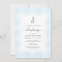 Bunny Rabbit Blue Gingham Christening Invitation