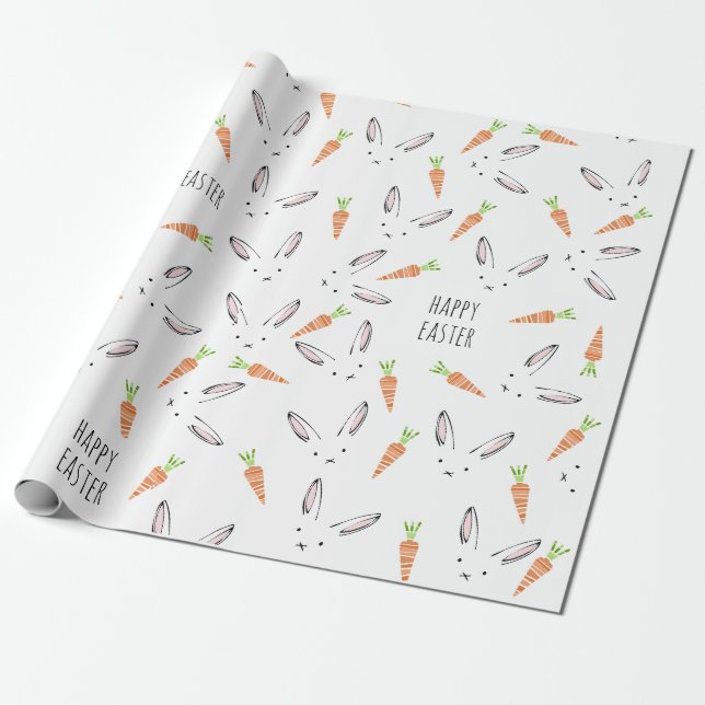 Bunny Rabbit Carrot Large Pattern Happy Easter Wrapping Paper (Unrolled)