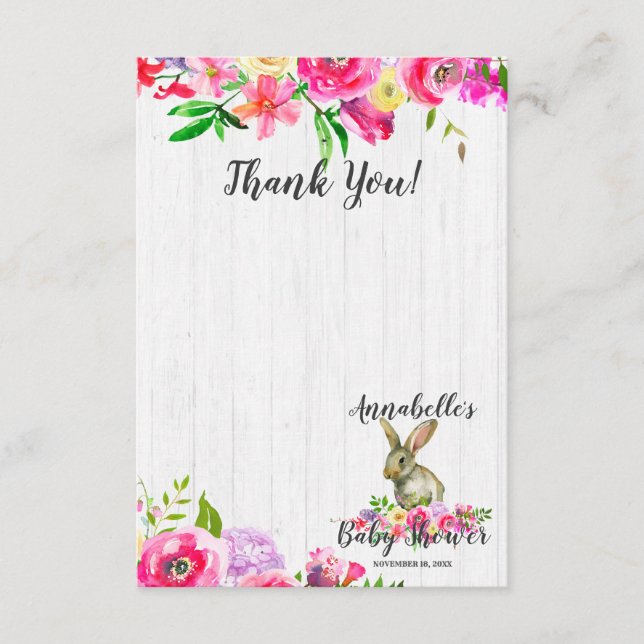 Bunny Rabbit Chic Floral Baby Shower Thank You Advice Card (Front)