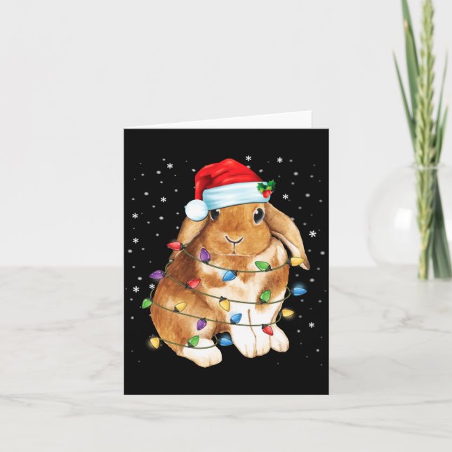 Bunny Rabbit Christmas Lights Santa Hat Funny Xmas Card (Front)