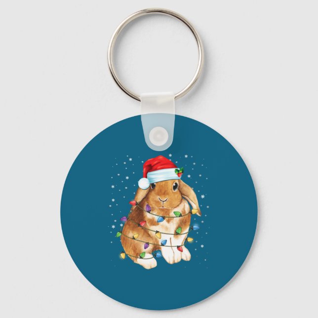 Bunny Rabbit Christmas Lights Santa Hat Funny Xmas Key Ring (Front)