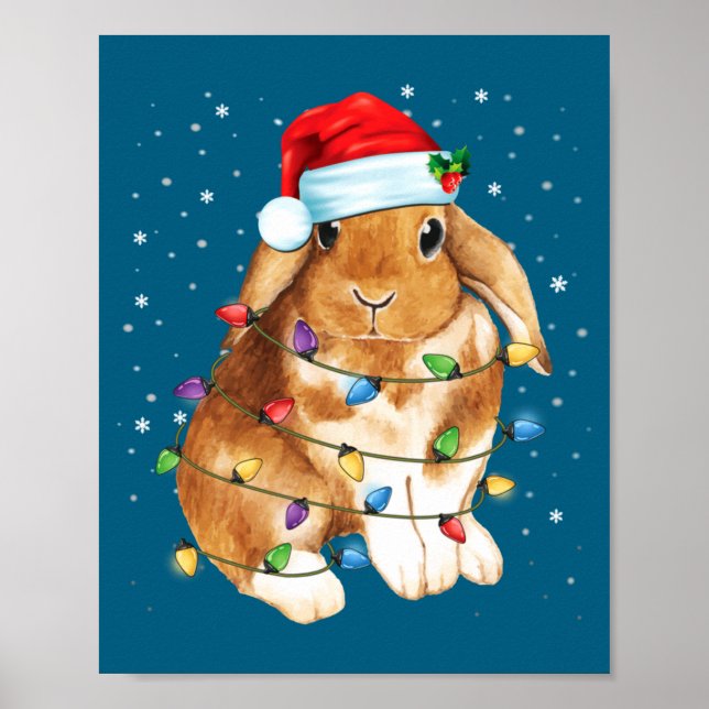 Bunny Rabbit Christmas Lights Santa Hat Funny Xmas Poster (Front)