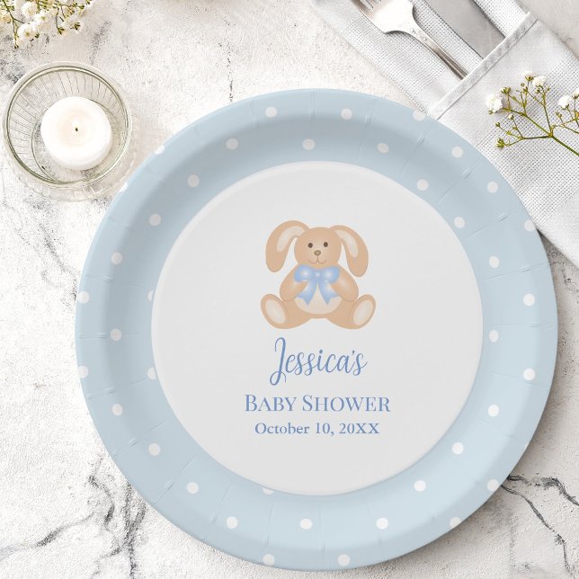 Bunny Rabbit Classic Polka Dots Boy Baby Shower Paper Plate (Creator Uploaded)