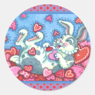 BUNNY RABBIT & COLORFUL HEARTS RAINING VALENTINES CLASSIC ROUND STICKER
