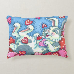 BUNNY RABBIT & COLORFUL HEARTS RAINING VALENTINES DECORATIVE CUSHION