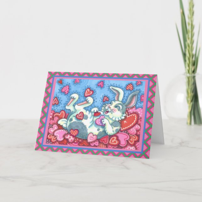 BUNNY RABBIT & COLORFUL HEARTS RAINING VALENTINES HOLIDAY CARD (Front)