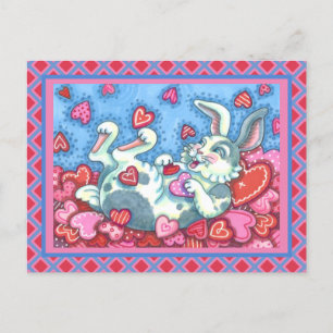 BUNNY RABBIT & COLORFUL HEARTS RAINING VALENTINES HOLIDAY POSTCARD