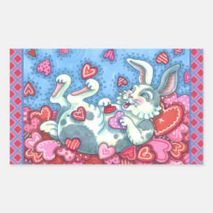 BUNNY RABBIT & COLORFUL HEARTS RAINING VALENTINES RECTANGULAR STICKER