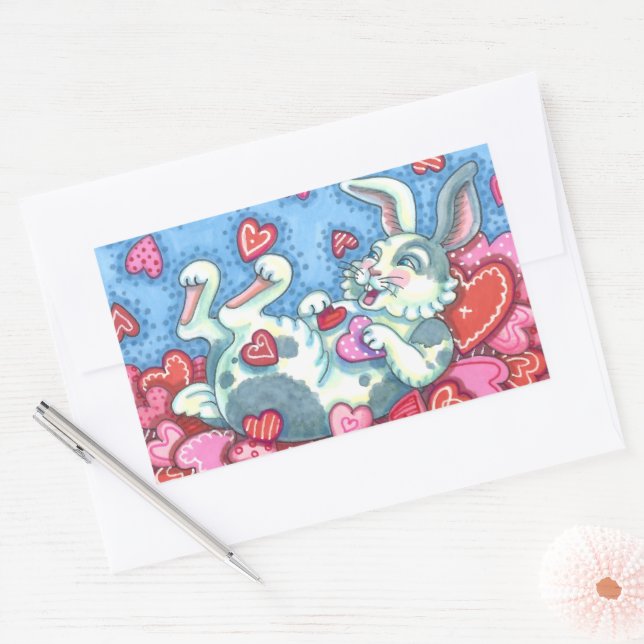 BUNNY RABBIT & COLORFUL HEARTS RAINING VALENTINES RECTANGULAR STICKER (Envelope)