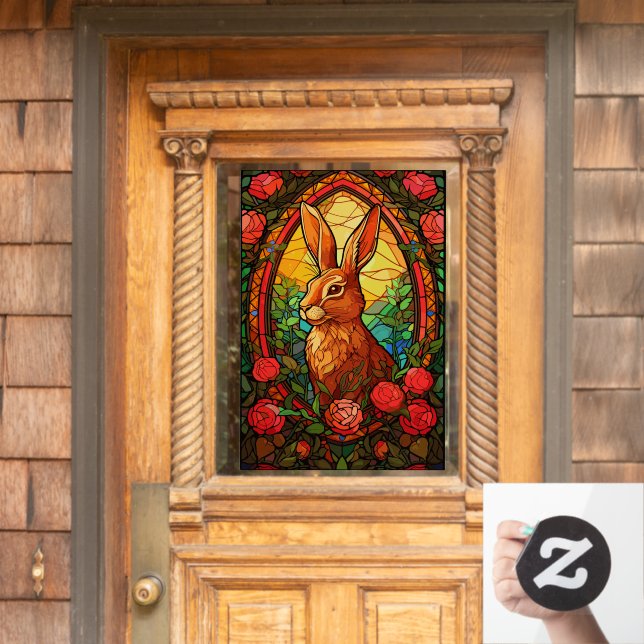 Bunny Rabbit Colourful Floral Faux Stained Glass Window Cling (Home Door)