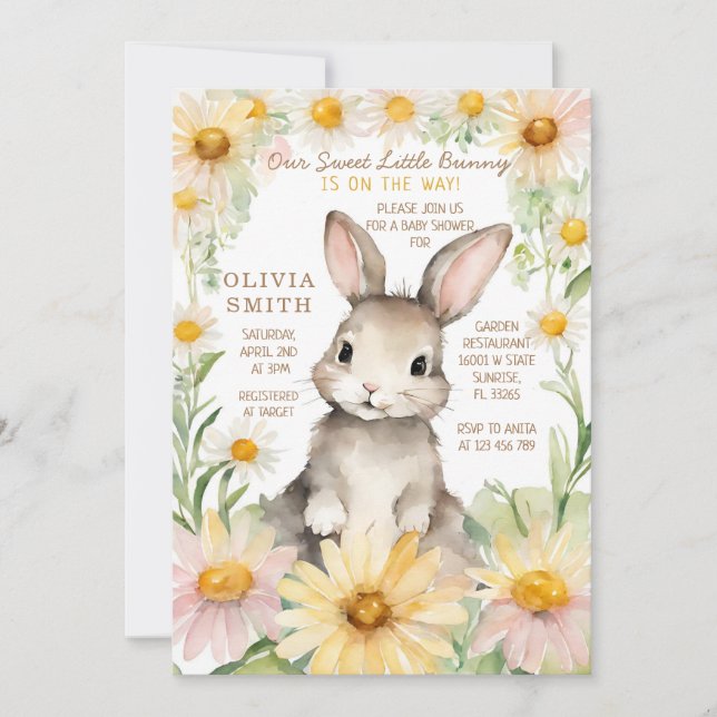 Bunny Rabbit Daisy Flower Garden Baby Shower   Invitation (Front)