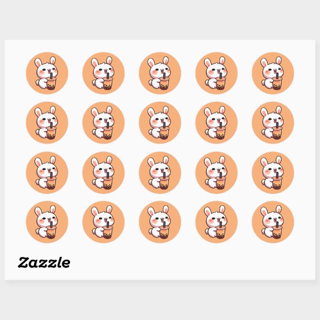 Bunny Rabbit Drinking Bubble Tea Cute Classic Round Sticker (Sheet)