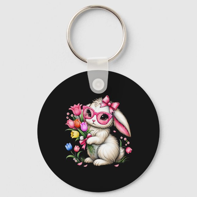 Bunny Rabbit Easter Tulip Spring Flowers Floral Wo Key Ring (Front)