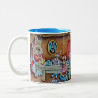 Bunny Rabbit Family Hot Cocoa Break Watercolor Art Two-Tone Coffee Mug