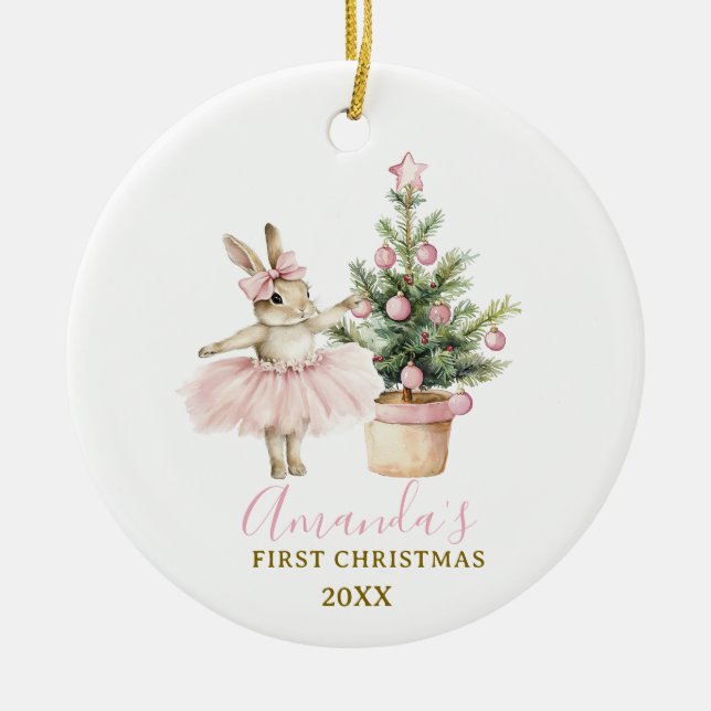 Bunny Rabbit First Christmas Keepsake Baby Girl Ceramic Tree Decoration (Front)