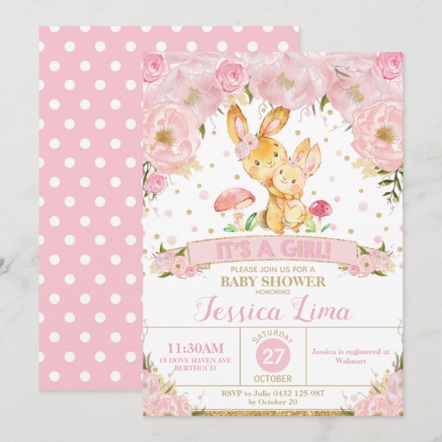 Bunny Rabbit Floral Baby Shower Invitation Girl (Front/Back)