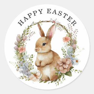 Bunny Rabbit Floral Wreath Easter Classic Round Sticker