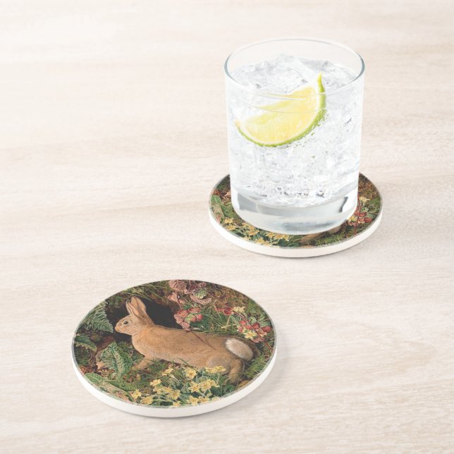 Bunny rabbit flower fern vintage woodland spring coaster (Side)