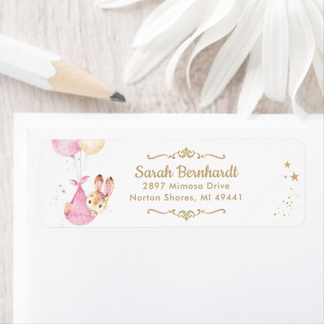 Bunny Rabbit Girl Baby Shower Return Address Label (Insitu)