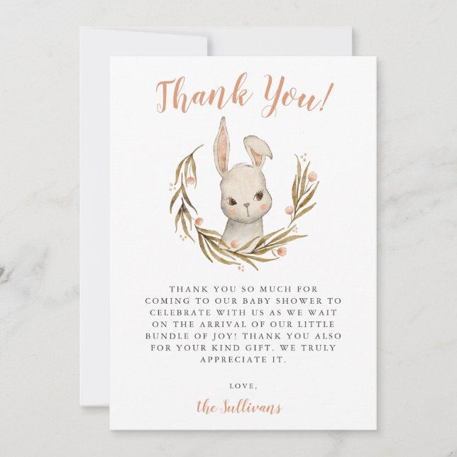 Bunny Rabbit Girl Baby Shower Thank You Card (Front)
