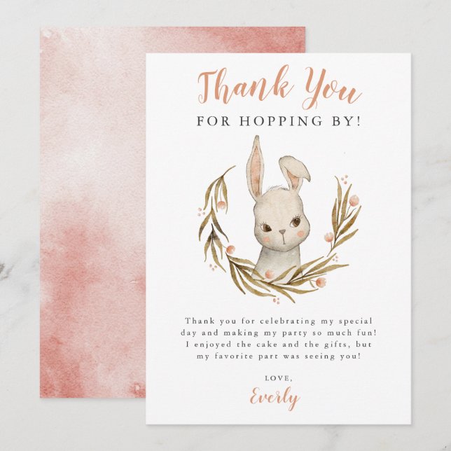 Bunny Rabbit Girl Birthday Party Thank You Card (Front/Back)